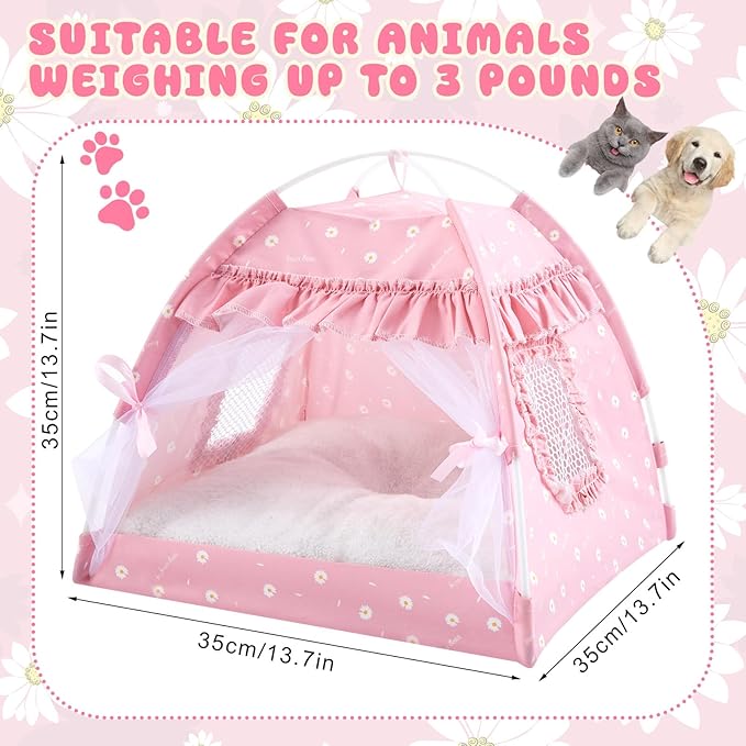 BreezeHug 3-in-1 Pet Princess Tent Bed Set for Cats & Small Dogs, Cute Soft Pink Cat Bed with Food Bowl, Water Dispenser & Washable Cushion, Complete Starter Kit for Indoor Pets