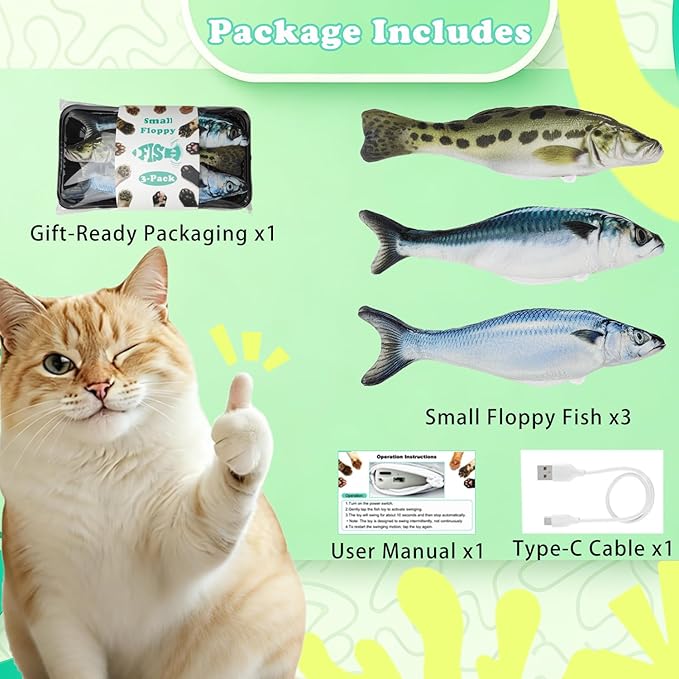 Realistic Floppy Fish Cat Toys, 3 Pack Mini-Sized, Moving Cat Toy Flopping Fish for Indoor Kitten, Sardine/Saury/Bass Interactive Cat Toys, Touch Activated, Rechargeable.