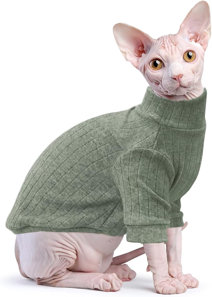 Idepet Sphynx Hairless Cats Sweater Shirt Kitten Soft Puppy Clothes Pullover Cute Cat Pajamas Jumpsuit Cotton Apparel Pet Winter Turtleneck for Cats and Teacup Chihuahua Small Dogs(Green,XXL)