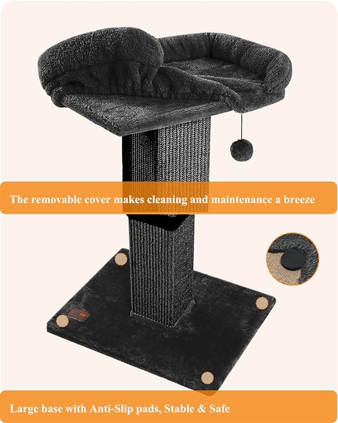 Karolpar 32" Cat Scratching Post for Indoor Cats, Sisal Cat Scratcher with Plush Perch, Large Scratch Post with Bed, Removable Cover, Sisal Fabric,Black