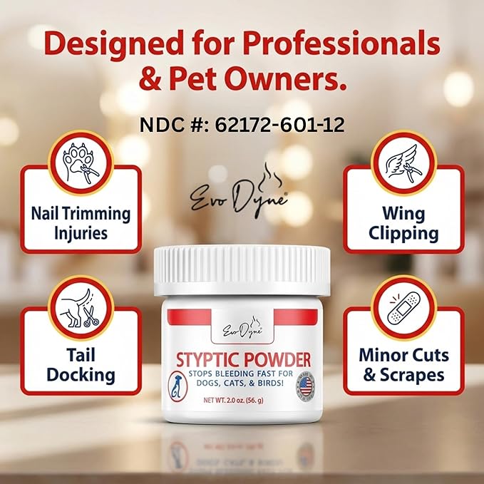 Styptic Powder for Dogs, Cats, and Birds (2 oz) by Evo Dyne | Fast-Acting Blood Stop for Pets | Quick Stop Bleeding Powder for Dog Nail Clipping, Grooming, Cuts and More (1-Pack)