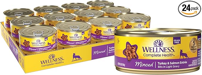 Wellness Complete Health Minced Adult Canned Wet Cat Food, Natural, Protein Rich, Grain Free, Turkey and Salmon Entrée Recipe, 5.5 oz, Pack of 24 Cans