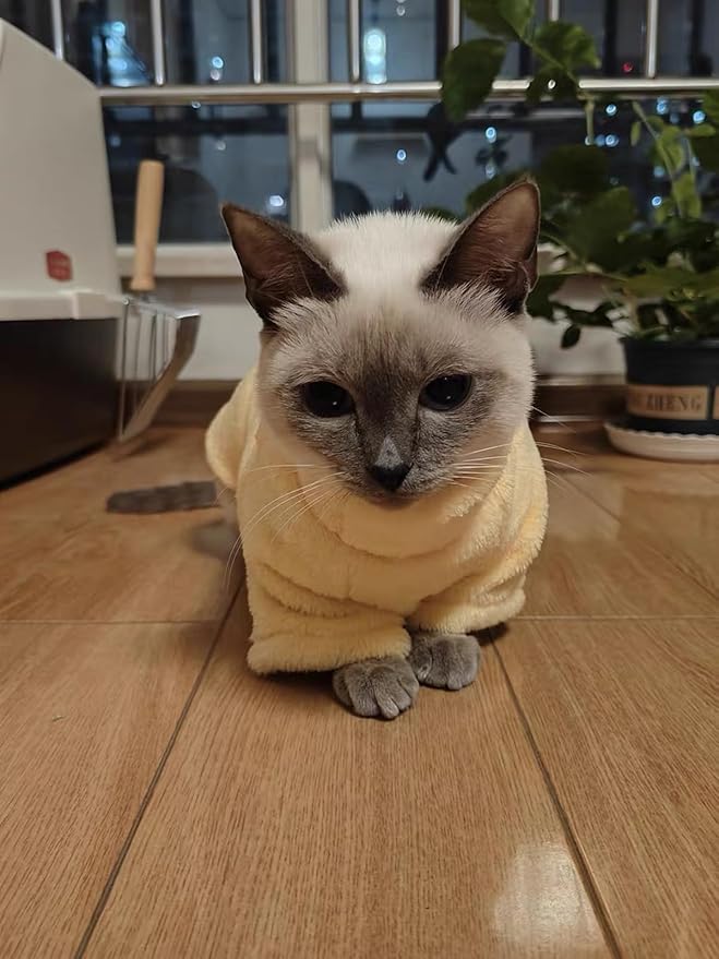 Sphynx Cat Clothes Winter Turtleneck Soft Coral Fleece Cat Clothes Thicken Warm Pajamas Coat for Hairless Cats and Small Cat Apparel with Sleeves (Apricot Yellow, L (6-9.3lbs)