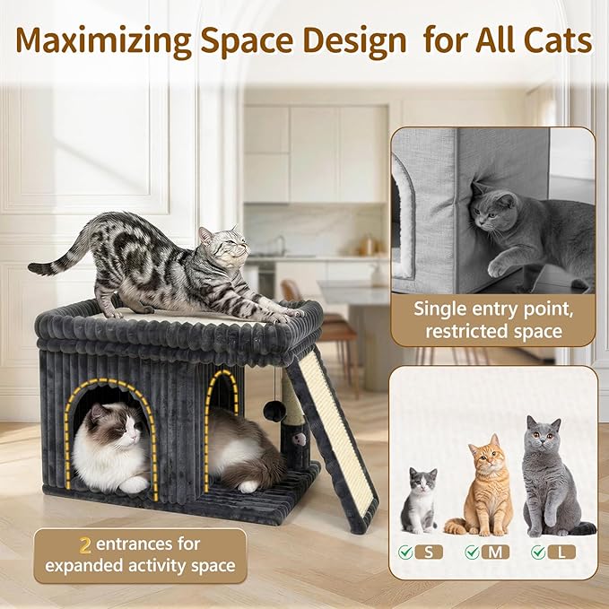 Cat Tree Tower Bed with Scratching Post for Indoor, Heavy Duty Small Stand House Condo for Large Cats & Kittens, Modern Sturdy Platform Perch Hideout Climb Rest Area, Dark Gray Striped Fabric