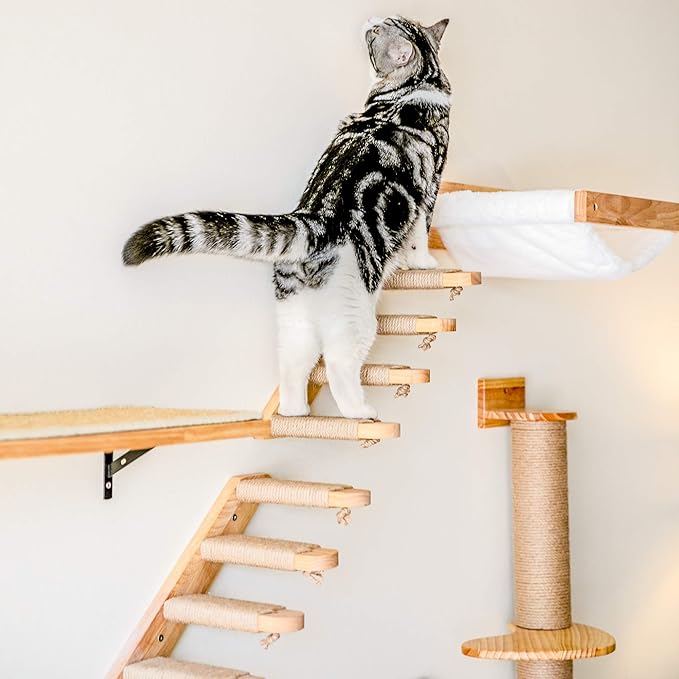 FUKUMARU Cat Climbing Shelf Wall Mounted, Four Step Cat Stairway with Jute Scratching for Kitten Perch Platform Walls Furniture