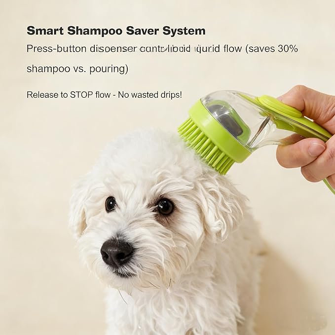 Pet Bath Brush with Shampoo Dispenser - Silicone Massage Grooming Tool for Cats & Dogs, Long Handle Dog Cat Bath Brush for Wet/Dry Use Green (ABS + Food-Grade Silicone, 7.5")