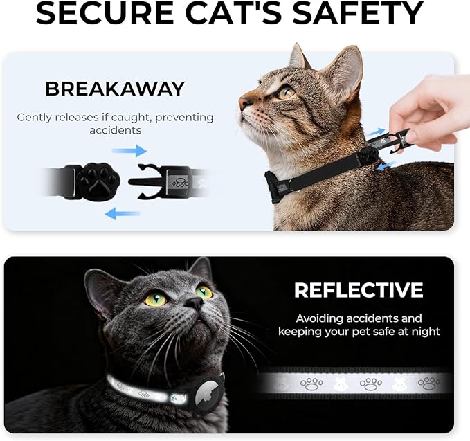 Breakaway AirTag Cat Collar, Reflective Cat Tracker Collar with Air Tag Holder and Bell, Safety Elastic Band Cat GPS Collars for Girl Boy Cats, Kittens and Puppies (Black, 8-13'')