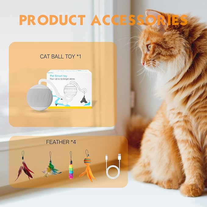 Upgraded Interactive Cat Toys Ball for Indoor Cats - Cat Ball Features Touch and Voice Activation, 2 Speed Settings (Fast and Slow), Interchangeable Tail Attachments for Bored Indoor Cats (Grey)
