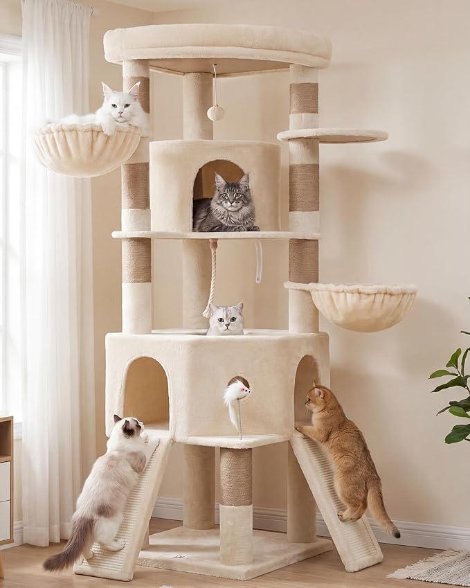 Cat Tree, 73-Inch Sturdy Corner Cat Tower with Wide Top Perch, Cat Furniture with 2 Spacious Condos, 2 Cozy Baskets, 2 Scratching Boards & Interactive Toy for Large Cat, Beige VCT021MJ