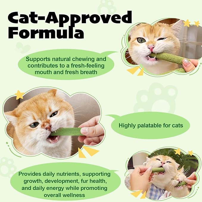Freeze-Dried Cat Grass Sticks for Teething, High Meat Content Hairball Control & Dental Health Chews, Grain-Free Cat Treats with Chicken & Egg Yolk