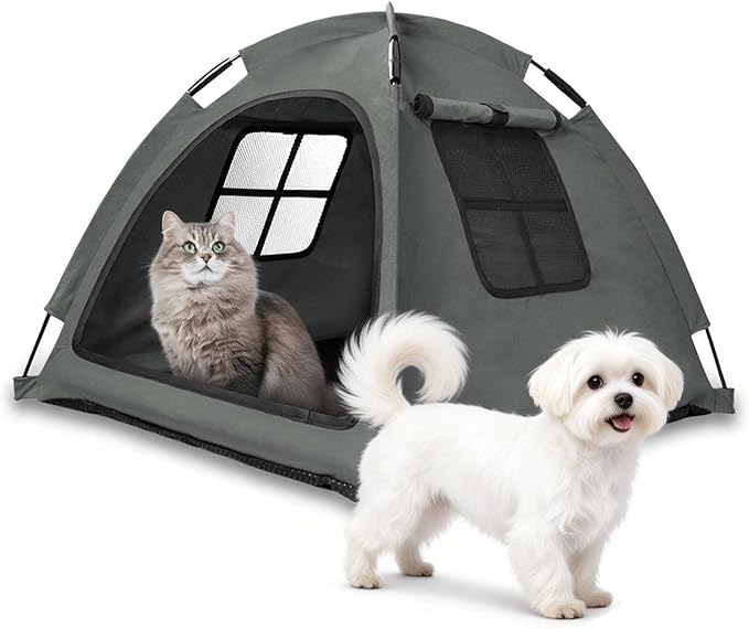 Anti-Anxiety Open Pet Tent, Calming Hideaway Monitoring Bed for Cats & Small Dogs, Breathable Mesh, Tool-Free Setup, Indoor Outdoor Travel, Grey