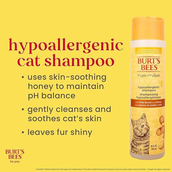 Burt's Bees for Pets Hypoallergenic Cat Shampoo with Shea Butter and Honey, Gentle Formula for Indoor Cats with Dry or Sensitive Skin, pH Balanced, Fragrance-Free, 10 Fl Oz