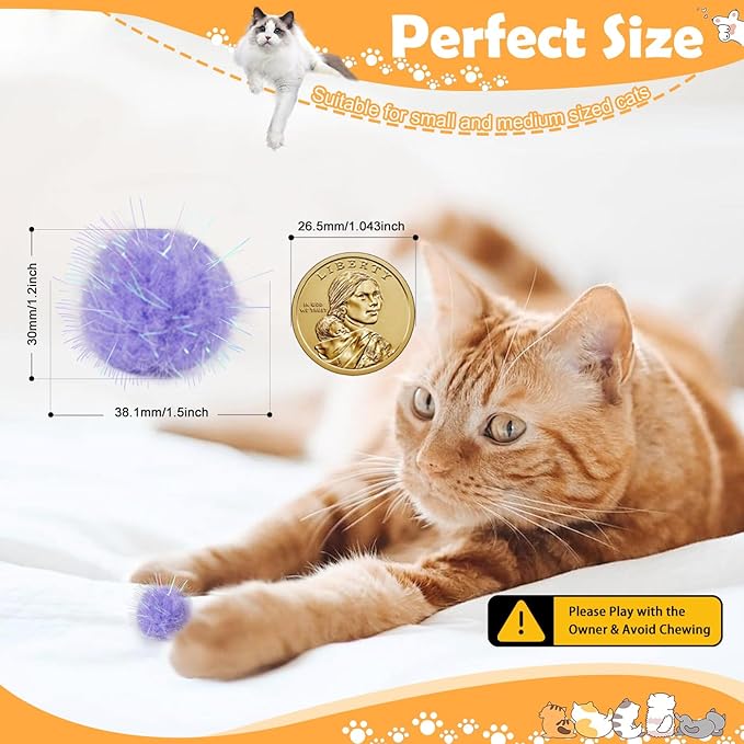 DF DUALFERV 60 Pcs Cat Pom Pom Balls, Interactive Cat Toys, Sparkle Balls for Cats, Extra Large and Fuzzy for Exercise and Entertainment, Multicolor, 1.5 Inch (30)
