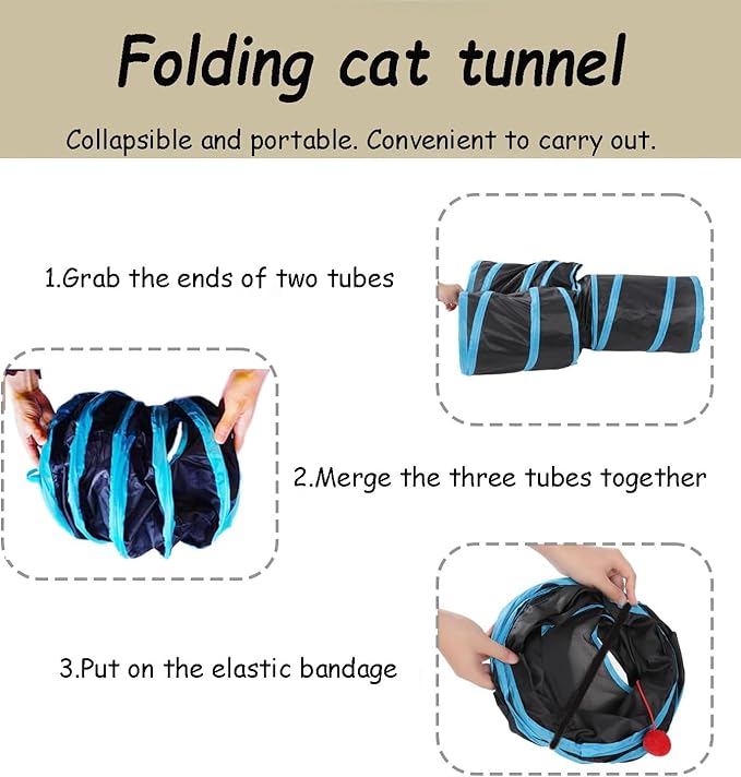 Cat Tunnel Tube Toy Collapsible 3 Way Black Blue, Pet Tunnels for Indoor Cats, Play Tubes with Hanging Ball Perfect Interactive Toys for Fun Playtime & Exercise for Kitten, Puppy, Rabbit