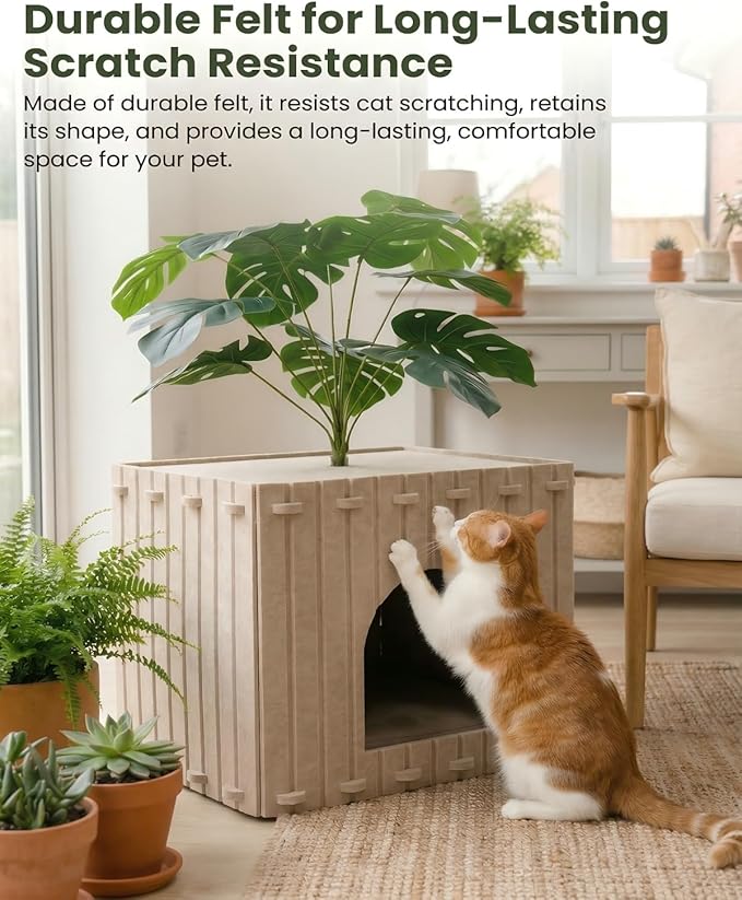 Cat Houses for Indoor Cats with Decorative Plants, Hidden Indoor Cat Bed Cave, Cozy Felt Design, Strong Scratch-Resistant Capacity, Hideaway Cat Condo, Ideal for Home Decor, Dark Camel