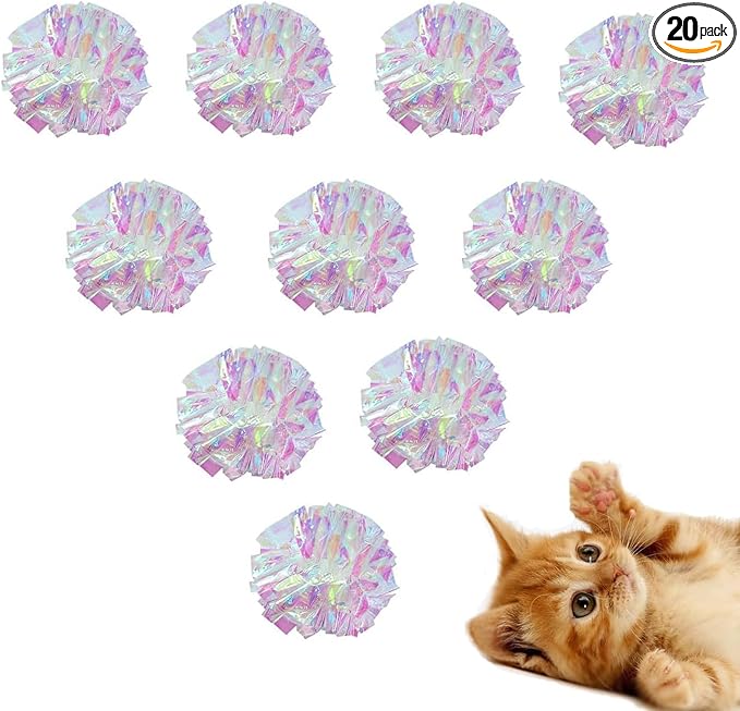 Framendino, 20 Pack Dye Free Cat Crinkle Balls, 2 Inches Mylar Shiny Balls Chew and Chase Lightweight for Indoor Cats to Keep Fit Active