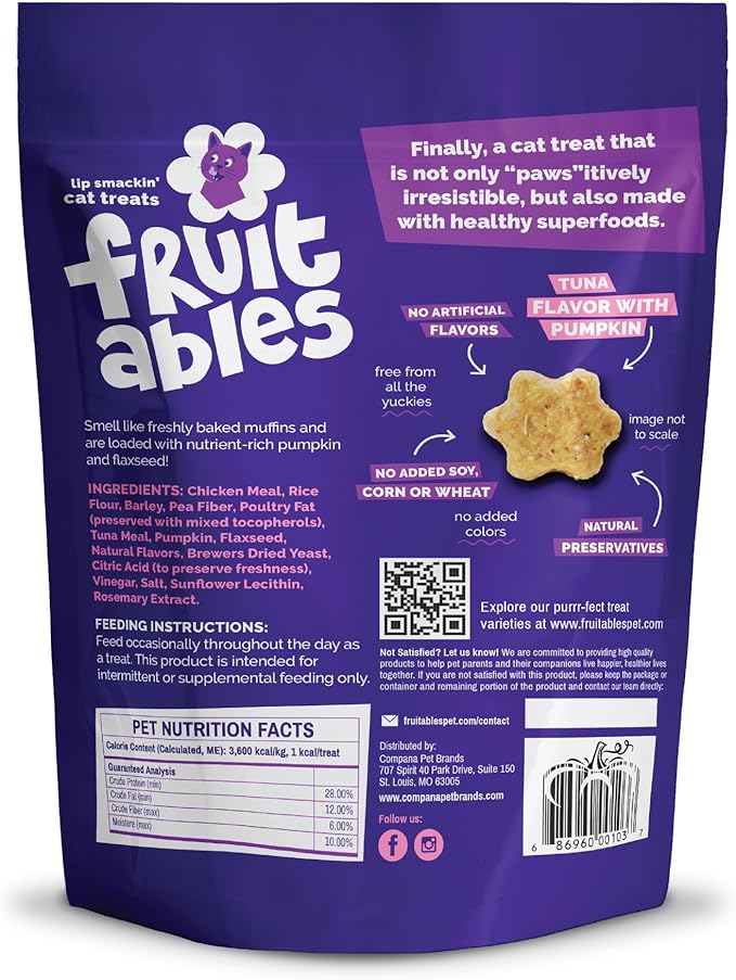 Fruitables Cat Treats Crunchy Cat Treats, Healthy Low Calorie Kitten Snacks, Made Without Wheat, Corn and Soy, Kitten Essentials, Made with Real Tuna and Pumpkin, 30 Ounces