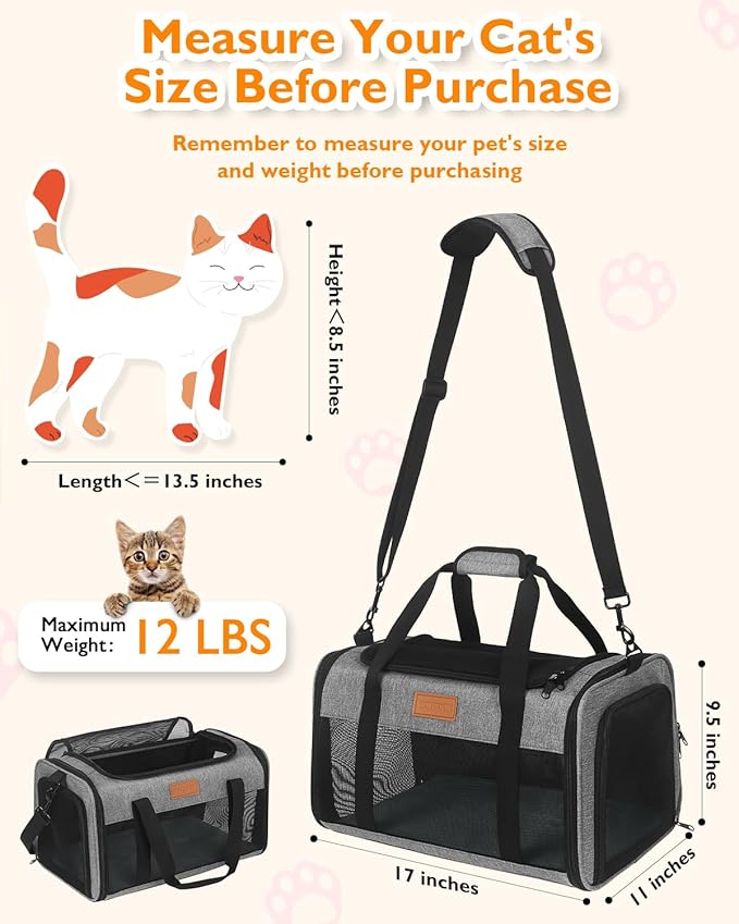 PETUX Airline Approved Pet Carrier - 17x11x9.5 in, Underseat, Top & Side Entry, Soft Sided Cat Carrier for Small Cat Up to 12 lbs with Breathable Anti-Scratch Mesh for Travel & Vet - Grey