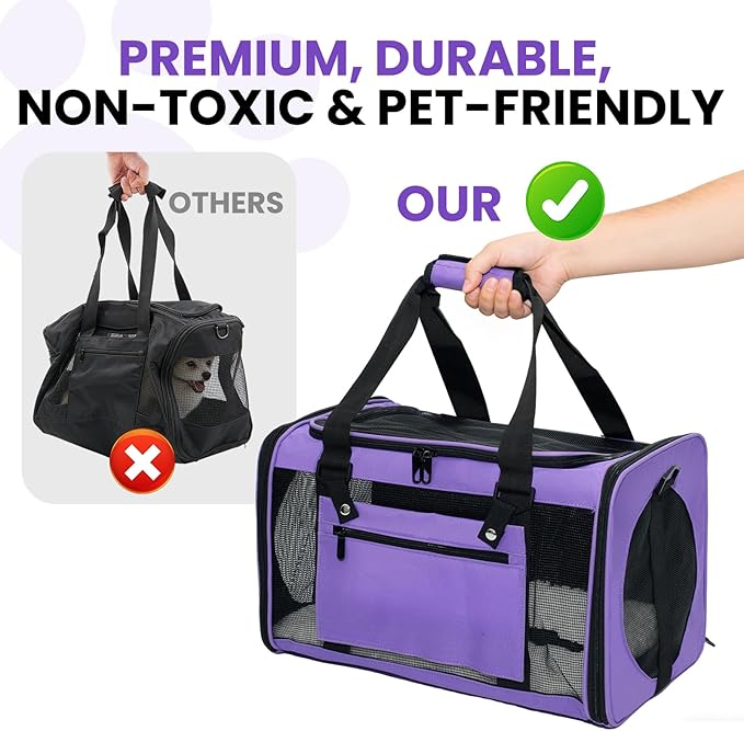 Soft-Sided Cat Carrier Expandable Pet Carrier Airline Approved Mesh Zipper with Lock Travel Carrier Up to 15lbs for Cats Dogs Collapsible Escape-Proof with Strap (18x11x11 Purple-L)