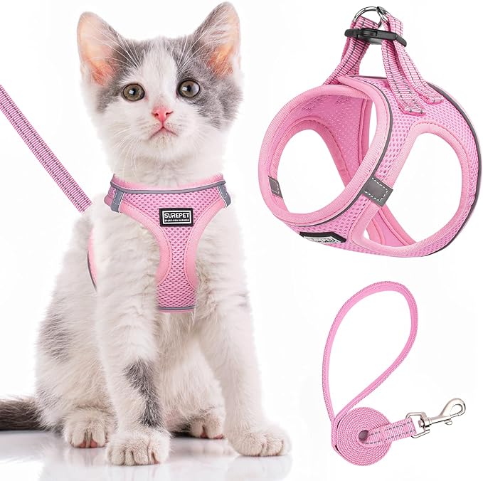 Cat Harness and Leash Escape Proof,Adjustable Soft Mesh Kitten Vest Harness for Walking Reflective Pet Harness for Cat Small Dogs Puppy (Pink, XXS)