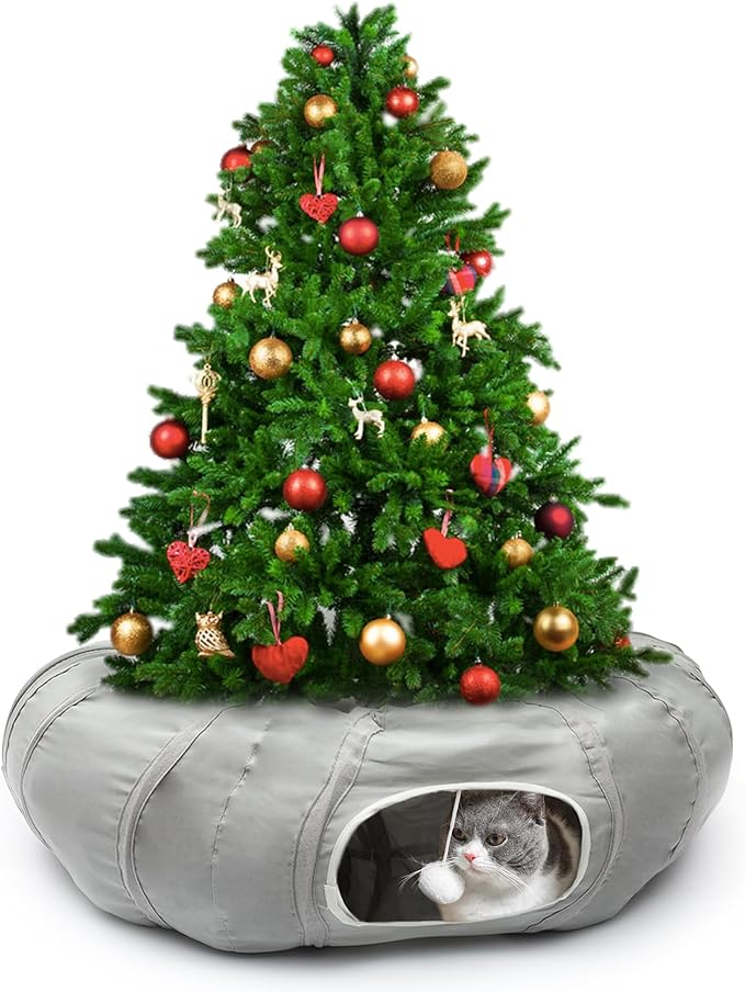 AUOON Cat Tunnel Bed for Indoor Cats - Large Cat Donut Tunnel with Hanging Ball Toy, Collapsible 2-in-1 Multifunctional Interactive Cat Toy for Kitten, Puppy, Rabbit, Ferret (Light Grey)
