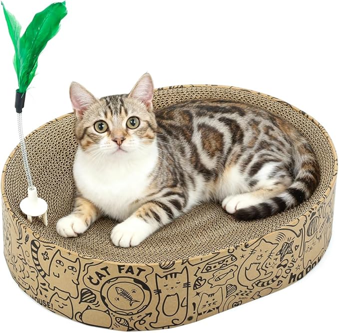 Cat Scratcher Cardboard, 2in1 Oval Cat Scratcher Bed for Indoor Cats Cat, Scratch Pad Bowl with Scratching Toy, Cozy Oval Cat Scratch Bed Furniture for Kittens & Medium Size Cats(Black)