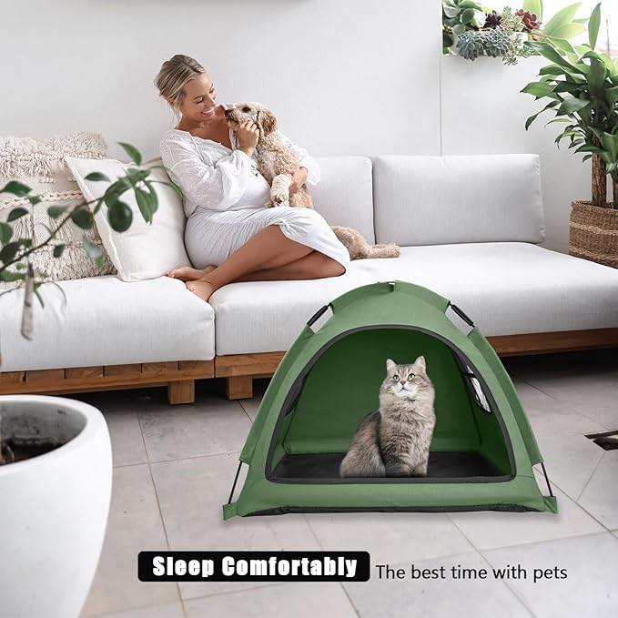 Anti-Anxiety Open Pet Tent, Calming Hideaway Monitoring Bed for Cats & Small Dogs, Breathable Mesh, Tool-Free Setup, Indoor Outdoor Travel, Green