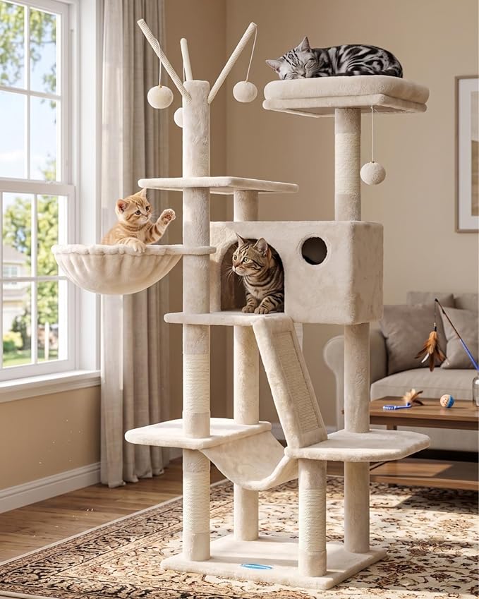 Hey-brother Cat Tree, 53 inch Cat Tower for Indoor Cats, Cat House with Padded Platform Bed, Toy Balls, Large Cozy Condo, Hammocks and Sisal Scratching Posts, Beige MPJ019-SM