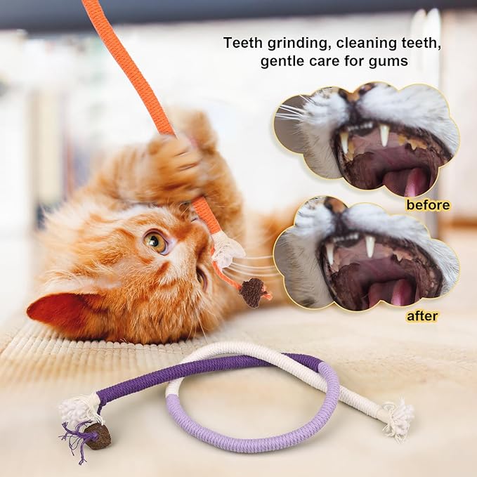 NQEUEPN 2pcs Cat Rope Chew Toys, 27.56x0.39in Premium Cotton String Chew Toy for Kitten Dental Toys Pet Goods Interactive Bite-Proof Supplies for Cats of All Ages (Purple, Orange)