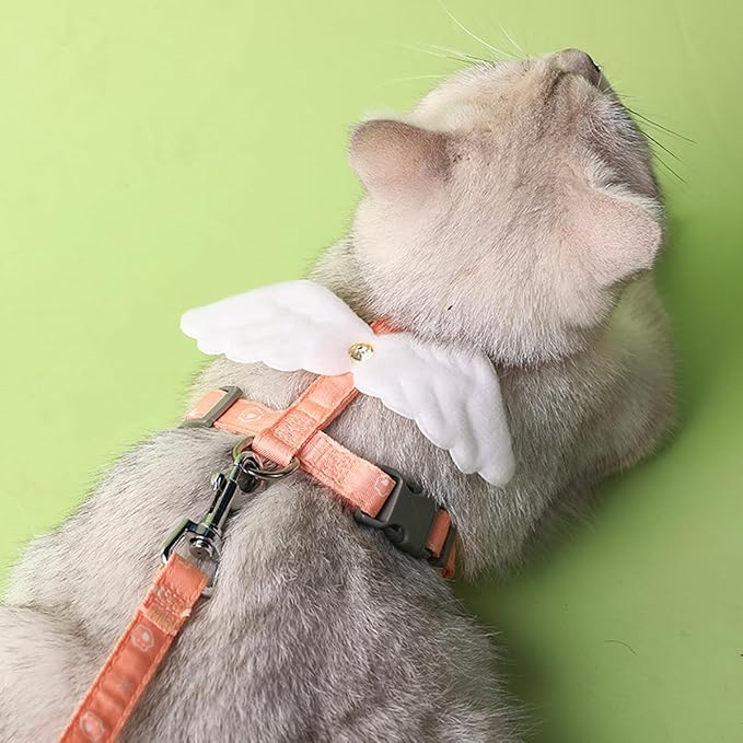 Cat Harness and Leash Set for Outdoor Travel Walking Escape Proof Soft Safe Adjustable Kitten Puppy Small Strap Cute Angel Style, Pink Wing, S