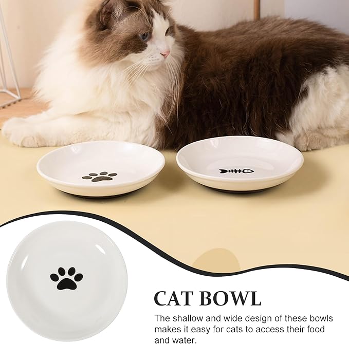STOBAZA Ceramic Shallow Cat Bowl with Non-Slip Silicone Base Wide Round Cat Feeder Dish 3pcs Set Healthy Feeding and Watering Plates