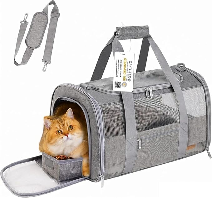 Airline Approved Cat Carrier Soft-Sided Pet Carrier for Cats and Small Dogs 17“ Under Seat Travel Carrier TSA Approved with Foldable Bowl Breathable Mesh Collapsible & Machine Washable, Grey