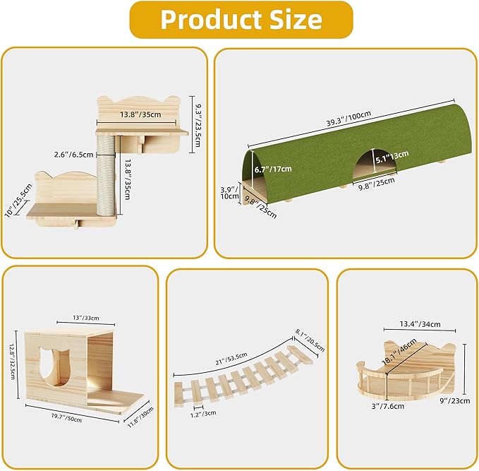16-in-1 Cat Wall Shelves, Multi-Level Solid Wood Cat Furniture for Wall, Floating Cats Wall Shelves Set, Cat Climbing Wall Systems with Scratching Post & Tunnel, Floor Space-Saving, Burlywood