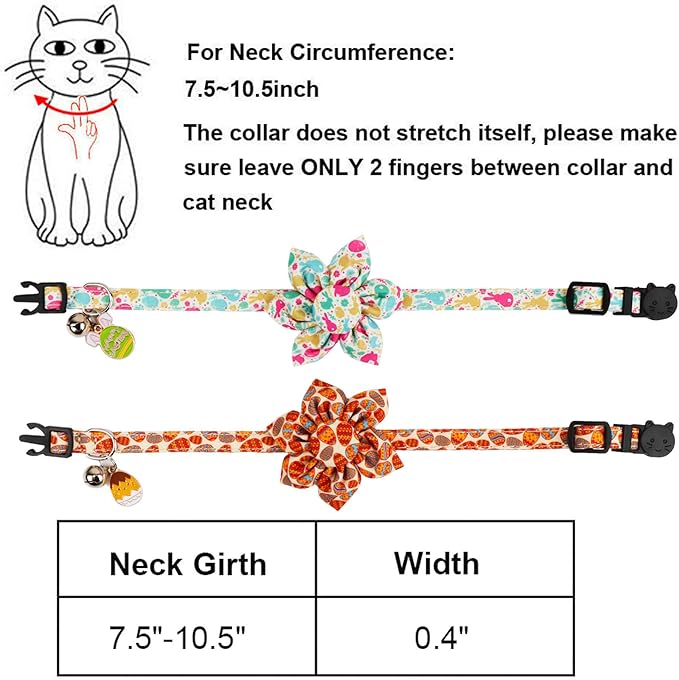 ADOGGYGO Easter Cat Collars with Removable Flower Bell, Adjustable Rabbit Easter Eggs Pattern Cat Floral Collars for Cats Kittens