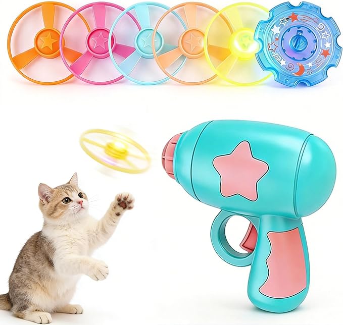 Bamboo Dragonfly Catapult Launcher, Cat Toy Spinning Flying Saucer Launcher, Interactive Cat Toy with Glowing LED for Pet Exercise & Nighttime Play