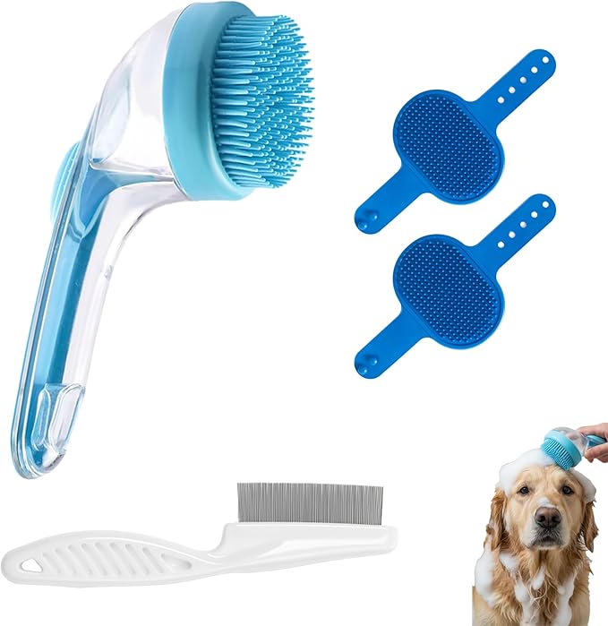 Pet Bath Brush,Dog Grooming Brush,Comes with Pet Grooming Comb and 2 Pcs Cat Scrubbers for Bath,2 in 1 Dog Bath Brush,Scrubber with Built-in Shampoo Dispenser