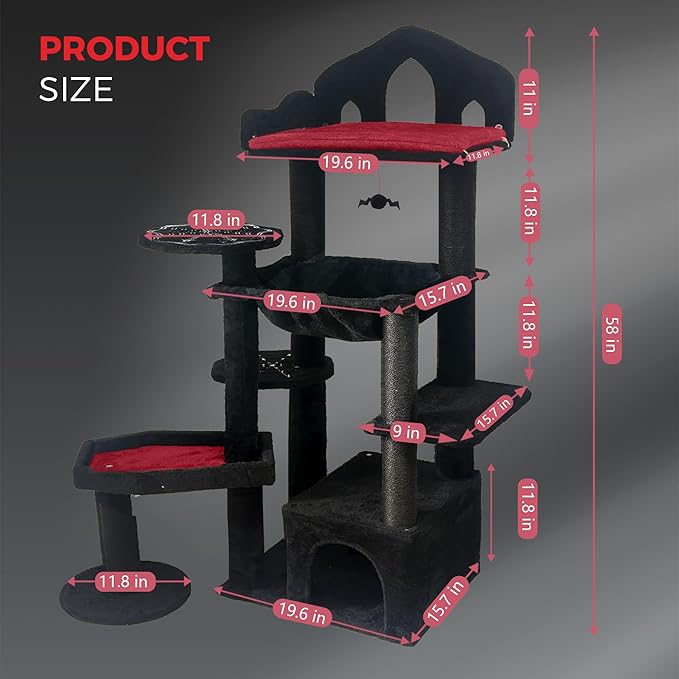 Gothic Cat Tree Tower with Coffin Bed, Multi-Level Spooky Cat Furniture for Indoor Cats, Black Cat Tree with Scratching Posts, Hammock & Cat Cave for Multiple Cats (58in-A)