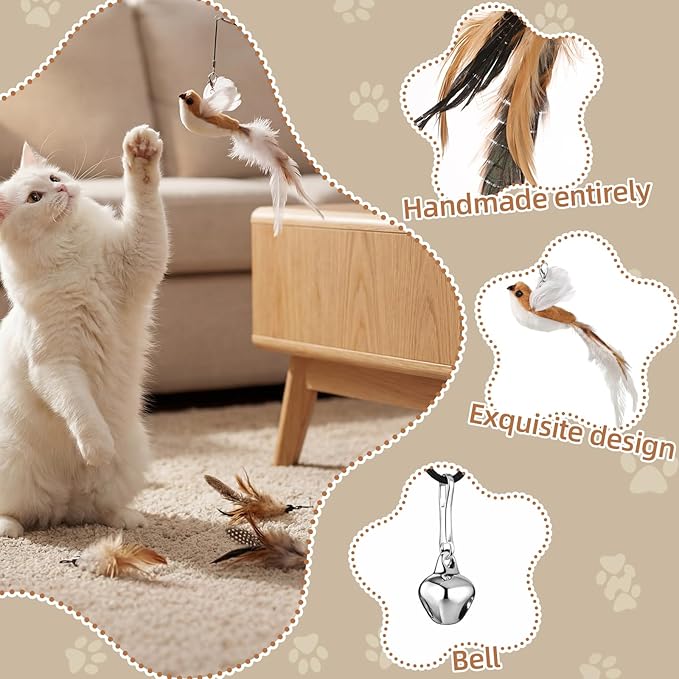 Leitee 18 Pcs Cat Teaser Wand Toy, Interactive Cat Feather Toys for Kittens, 15 Pcs Natural Feather Bird Mouse Toys Refill, 2 Wires and 1 Kittens Fishing Pole Toy Wooden Handles for Indoor