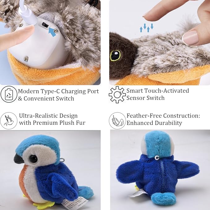 Flapping Chirping Bird Cat Toy(Non-Flying), USB Charging, Touch Activated Plush Toy,Simulates Bird Wing Flapping and Sounds, for Cats,Dogs & Small Pets (Small, Blue Dove)