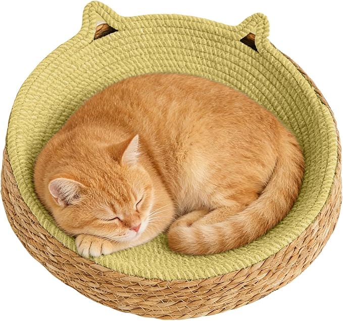 Woven Cat Scratch Bowl - Cotton Rope Round Cat Bed, Kitten Ear Design Scratching Board, Durable Claw Grinding Lounge Toy,