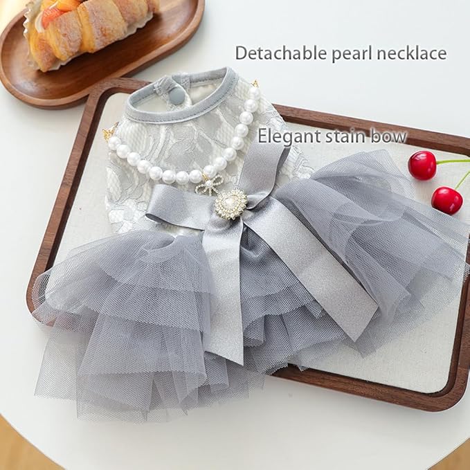 ANIAC Gray Dog Dress for Small Dogs Female,Bow Knot Girl Puppy Clothes with Detachable Pearl Necklace, Elegant Cat Dress, Formal Pet Pary Outfit for Wedding Birthday Valentines (Gray, X-Large)