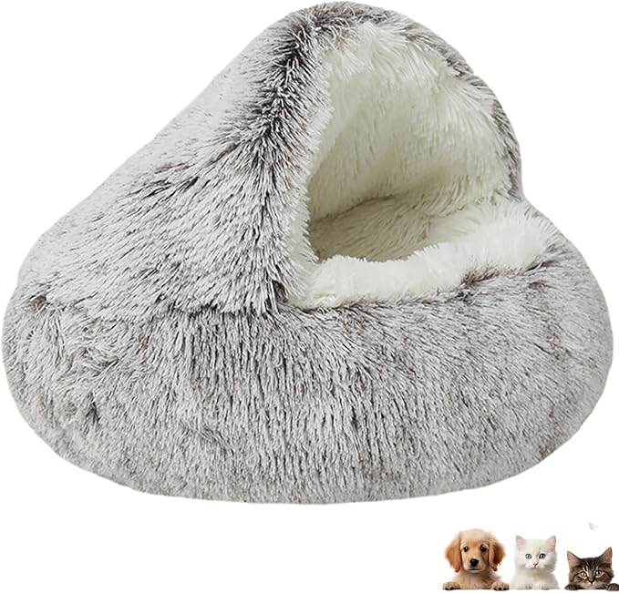 Cat Bed Round Fluffy Hooded Cat Bed Cave Puppy & Kitty,Cat Bed Round Plush Fluffy Hooded Cat Bed Cave, Cozy Cocoon Dog Bed Winter Warm Long Plush Cozy Nook Dog Bed.,19.7IN,Tan