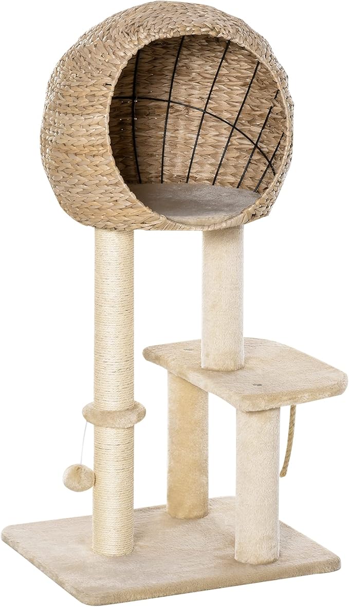 PawHut Cat Tree with Sisal Scratching Post Condo and Hanging Rope 39" H, Beige