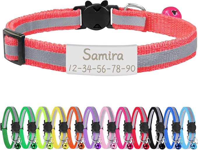 CAMAL Reflective Cat Collar Personalized with Pet ID Tag, Safety Breakaway Cat Collar with Name Tag, Watermelon Pink Kitten Collar with Bell for Boy Girl Cats Puppies