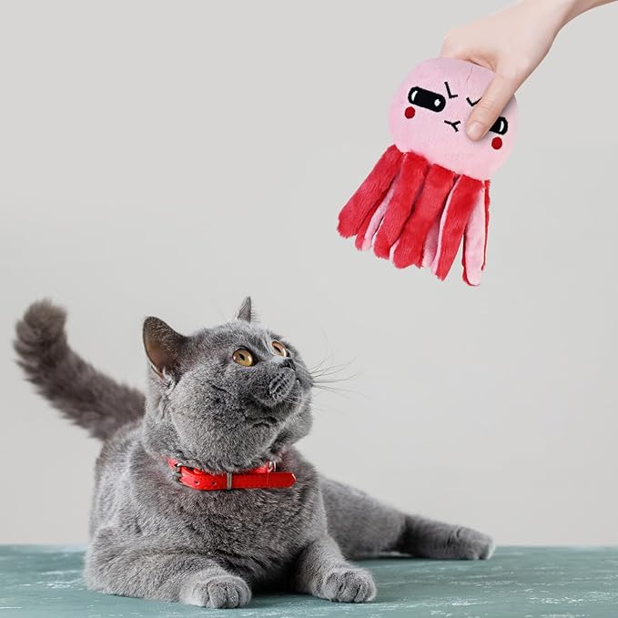 Andiker Octopus-Shaped Plush Toys with Crinkle Paper, Interactive Cat Toys for Scratching and Chewing, Indoor Cat Gifts and Lovers' Favorites (Pink)