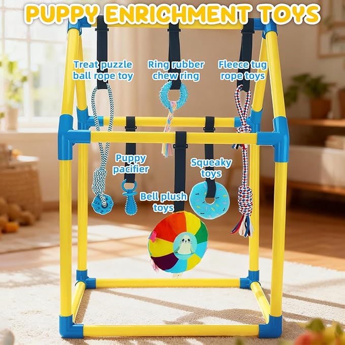 Puppy Play Gym with Hanging Toys, Dog Indoor Jungle Gym as Activities Center for Puppies, PVC Frame with 8 Enrichment Toys for Small Dogs Kitten and Other Pets