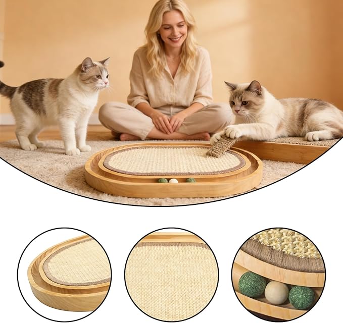 2-in-1 Cat Scratch Pad & Bed, Natural Sisal Scratch Mat for Cats with Interactive Ball Toy, Wooden Frame Indoor Cat Lounge
