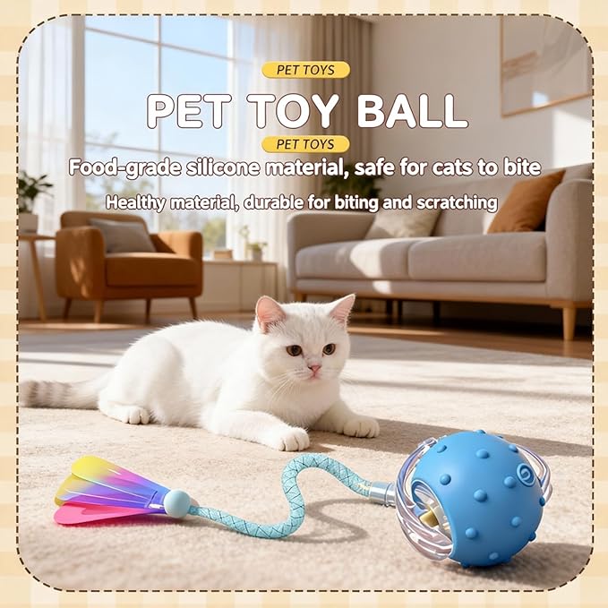 Interactive Cat Toys for Indoor Cats with 3 Interchangeable Tails - Automatic Moving & Chirping Ball, Self Play Toy for Playful Kittens & Bored Cats Home Alone (Pink)