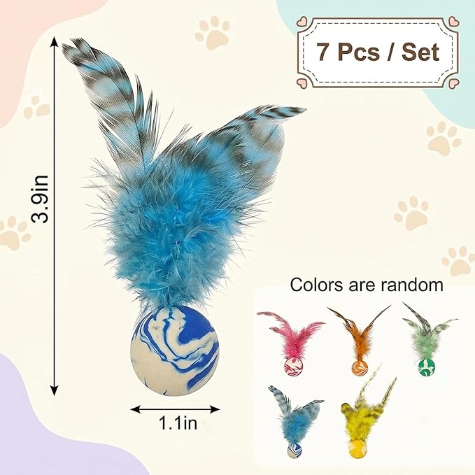 7Pcs Bouncy Balls for Cats, Cat Tools with Feathers, Feather Tool for Indoor Cats and Multi-Cat Households(Random Color)