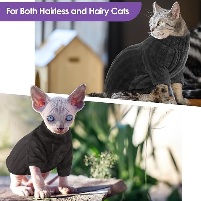 Sweaters for Cats, Hairless Sphynx Sweater Kitten Pullover with Sleeves, Warm and Soft Cat Pajamas Fleece Sweatshirt Jumpsuit, Turtleneck Clothes for Fall Winter, Grey S